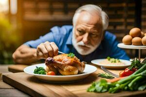 elderly man eating chicken on a plate. AI-Generated photo