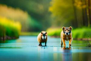 dos perros caminando a lo largo un río en el bosque. generado por ai foto