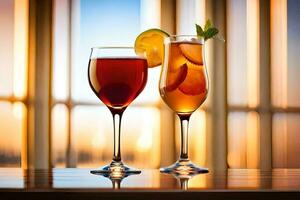 two glasses of wine with a slice of lemon. AI-Generated photo