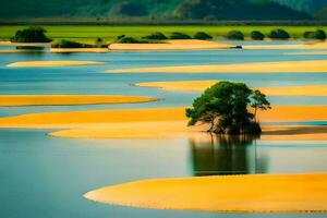 a tree is standing in the middle of a lake. AI-Generated photo