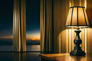 un lámpara se sienta en un mesa en frente de un ventana. generado por ai foto