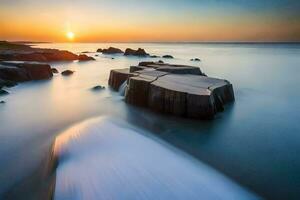 a long exposure photograph of rocks in the ocean at sunset. AI-Generated photo