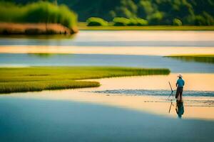 a man is standing in the water with a stick. AI-Generated photo