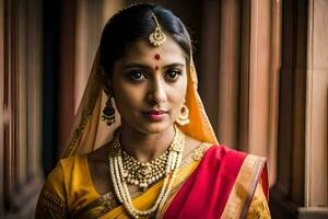 a beautiful indian woman wearing a sari and jewelry. AI-Generated photo