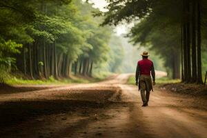 a man walking down a dirt road in the middle of a forest. AI-Generated photo