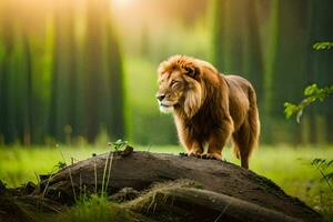 un león en pie en un rock en el medio de un bosque. generado por ai foto