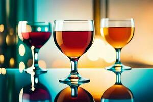 three glasses of wine on a table with a blurred background. AI-Generated photo