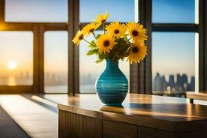 girasoles en un florero en un mesa en frente de un grande ventana. generado por ai foto