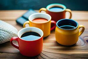 four colorful coffee cups on a wooden table. AI-Generated photo