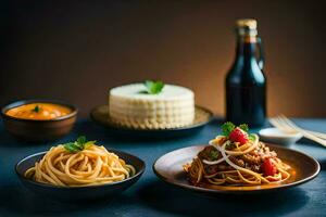 espaguetis y otro platos en un mesa. generado por ai foto