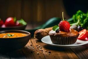 a cupcake with strawberries and a bowl of soup. AI-Generated photo