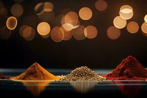 three different types of spices are shown in front of a light background. AI-Generated photo