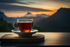 a cup of tea on a table in front of mountains. AI-Generated photo