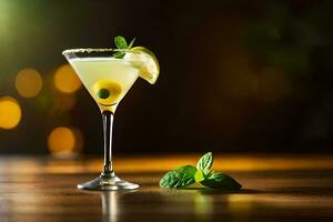 a cocktail with a lemon and mint garnish. AI-Generated photo
