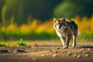 un lobo caminando en un suciedad la carretera en el medio de un campo. generado por ai foto