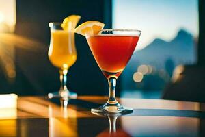 two cocktails sit on a table with a view of the city. AI-Generated photo