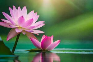two pink lotus flowers in the water with sunlight shining through. AI-Generated photo