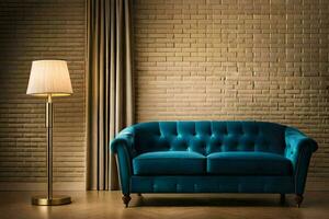 un azul sofá en frente de un ladrillo pared. generado por ai foto