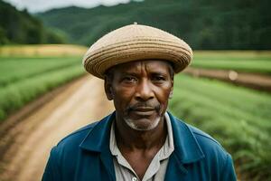 an african man wearing a hat stands in a field. AI-Generated photo