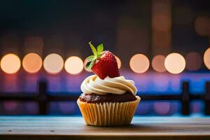 a cupcake with a strawberry on top sits on a wooden table. AI-Generated photo