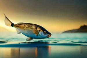 un pescado es nadando en el Oceano a puesta de sol. generado por ai foto