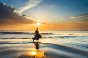 un mujer caminando en el playa a puesta de sol. generado por ai foto