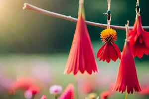 red flowers hanging from a branch in a field. AI-Generated photo