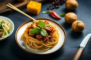 spaghetti with meat and vegetables on a plate. AI-Generated photo