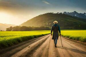 a man walking down a dirt road in a field. AI-Generated photo