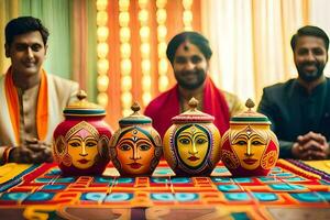 three men in indian attire sitting around a table with colorful pots. AI-Generated photo