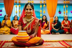 un mujer en tradicional indio atuendo se sienta en el piso con su manos en su cabeza. generado por ai foto