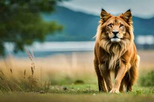 un león caminando en el césped. generado por ai foto