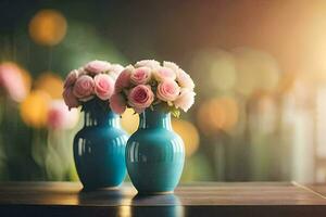 two blue vases with pink roses on a table. AI-Generated photo