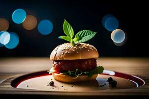 a hamburger on a plate with a leaf on it. AI-Generated photo