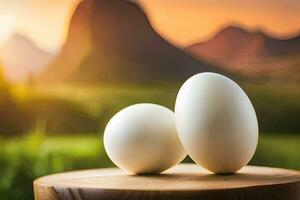 two white eggs on a wooden table in front of a mountain. AI-Generated photo