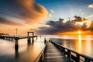 a pier with a long exposure of the sun setting over the ocean. AI-Generated photo