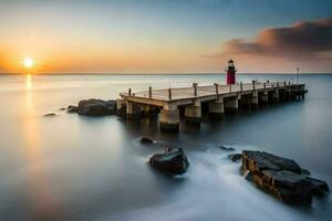 a lighthouse at the end of a pier at sunset. AI-Generated photo