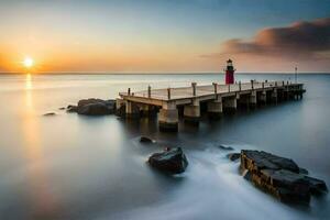 un faro a el final de un muelle a puesta de sol. generado por ai foto