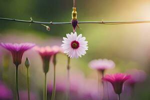 a pink flower hanging from a wire. AI-Generated photo