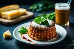 a dessert with a slice of bread and a glass of beer. AI-Generated photo