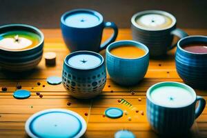 a group of colorful cups and saucers on a table. AI-Generated photo