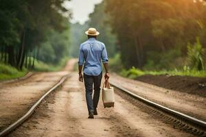 a man with a hat walking down a railroad track. AI-Generated photo