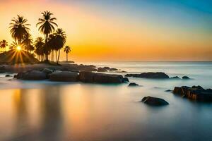 the sun sets over the ocean and palm trees. AI-Generated photo