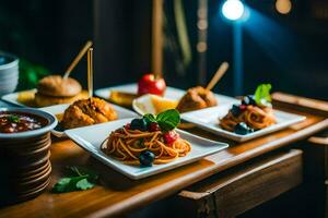 a table with plates of food and drinks. AI-Generated photo