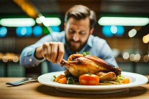 un hombre es comiendo un pollo en un lámina. generado por ai foto