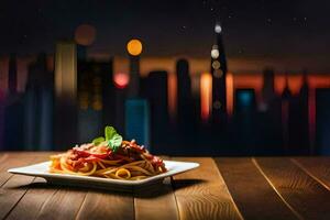 pasta with tomato sauce and basil leaves on a plate in front of the cityscape. AI-Generated photo