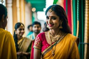 a woman in a yellow sari smiling at the camera. AI-Generated photo