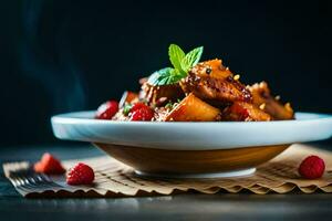 a bowl of food with raspberries and mint leaves. AI-Generated photo