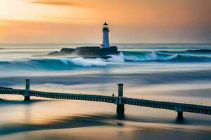 a lighthouse stands in the middle of a body of water. AI-Generated photo