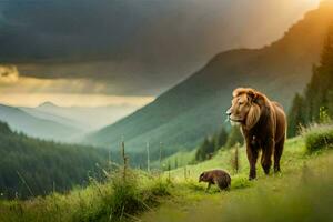 un león y un oso caminar mediante un campo. generado por ai foto